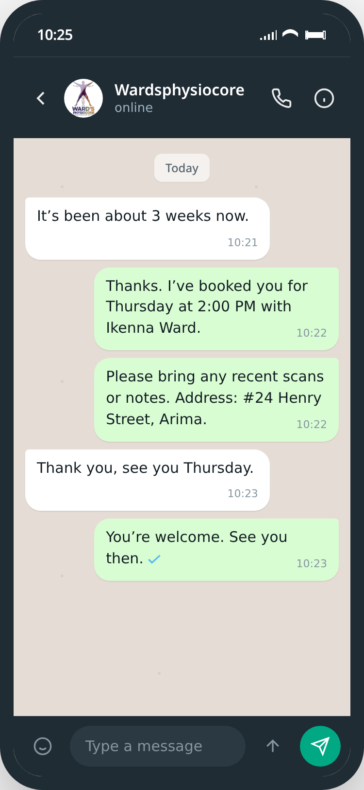 WhatsApp booking confirmation for Wardsphysiocore