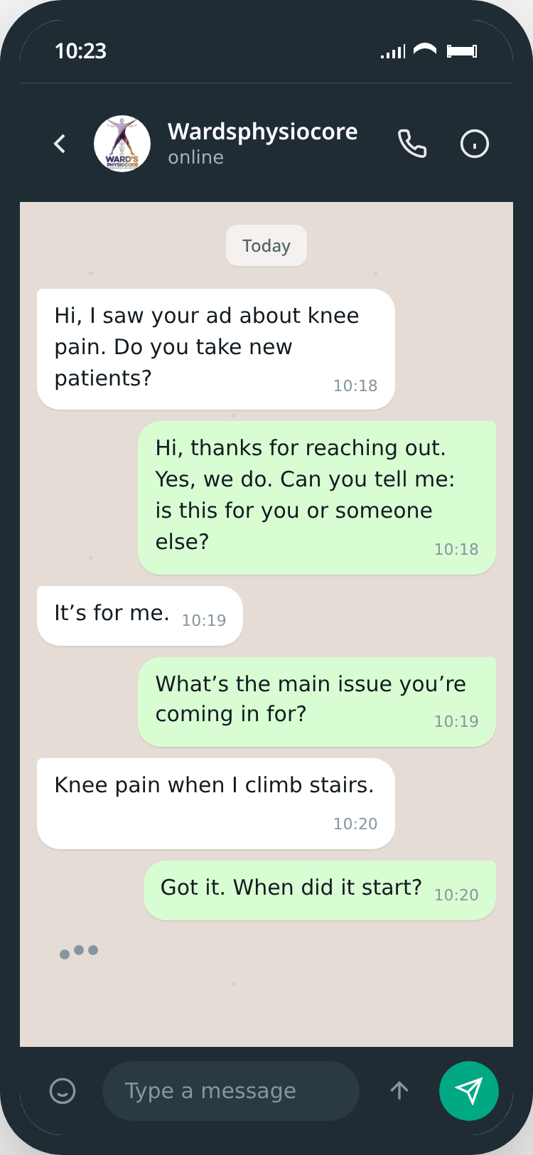 WhatsApp intake triage for Wardsphysiocore